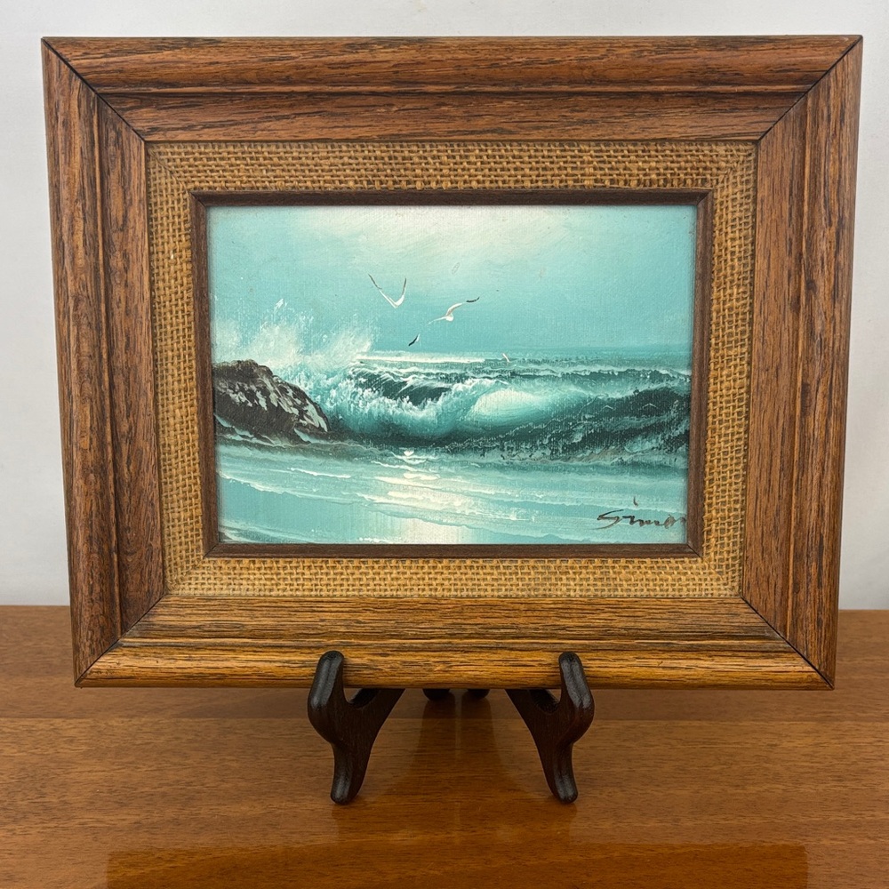 Vintage mid century acrylic on board ocean seagulls painting artist signed